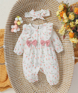 Schattige Baby Meisjes Jumpsuit met Bloemenprint, Lange Mouwen, Strikjes & Hoofdband - 0-6 Maanden