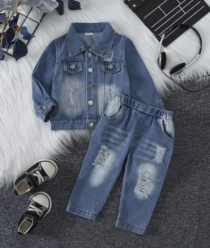 Stoere Denim Set voor Baby Meisjes: Jasje & Jeans met Ripped Look - Lente/Herfst Collectie