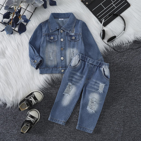 Stoere Denim Set voor Baby Meisjes: Jasje & Jeans met Ripped Look - Lente/Herfst Collectie