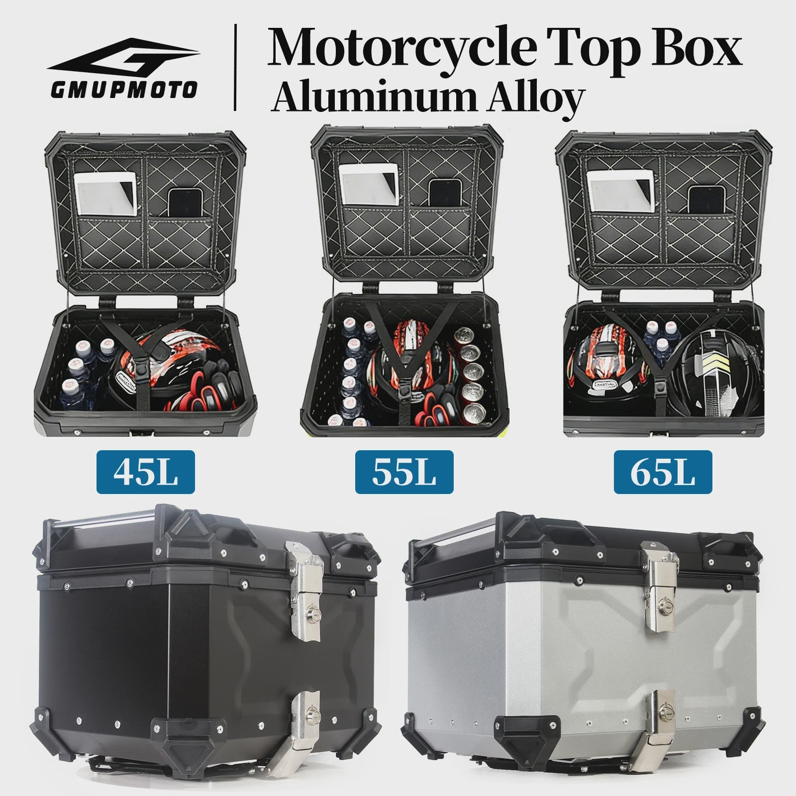 Waterdichte Aluminium Motor Topcase - 45L, 55L, 65L - Helmbox & Bagagebox