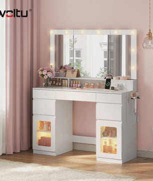 WOLTU Kaptafel met 3-delige spiegel, 10 LED-lampjes en laadstation - Ideaal voor de slaapkamer