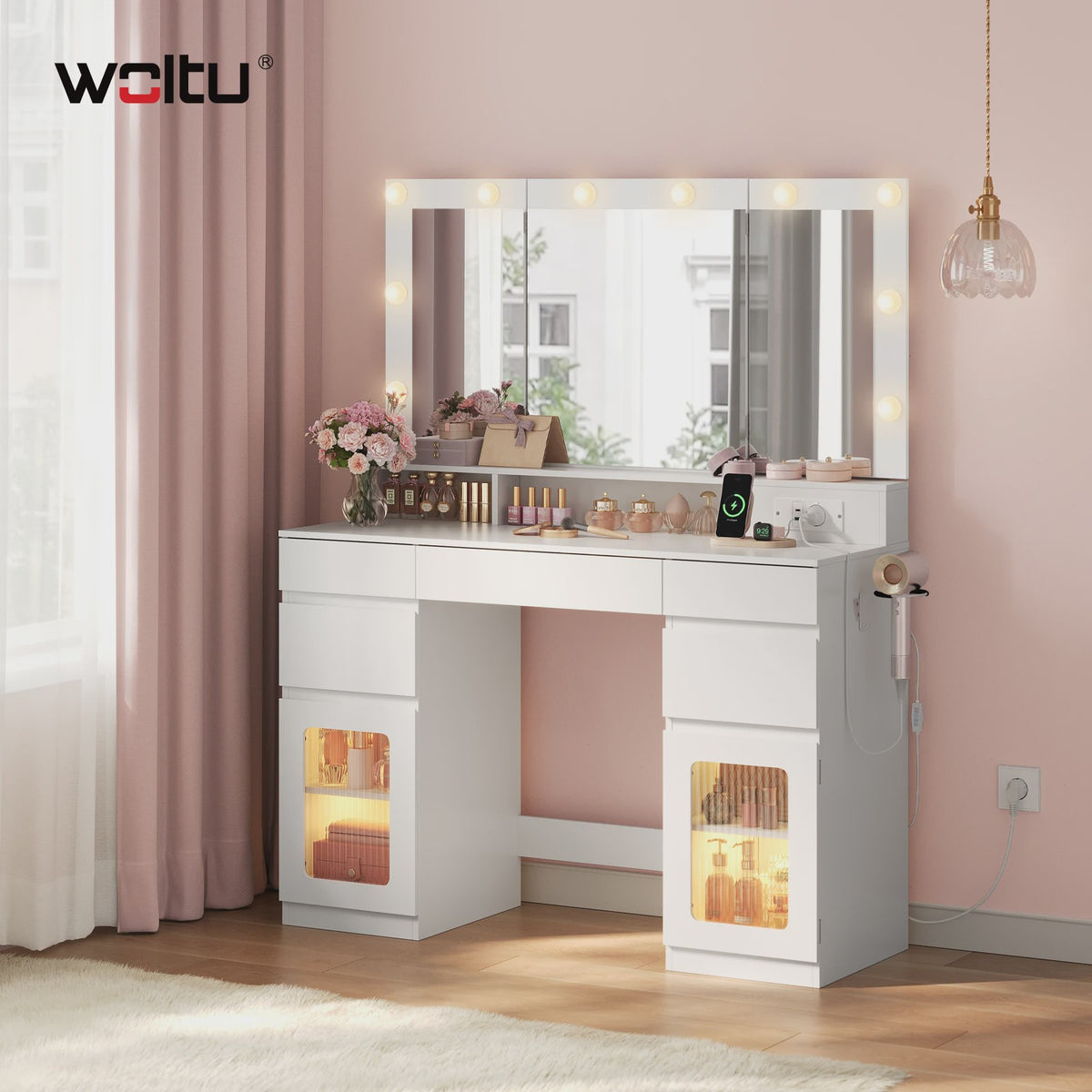 WOLTU Kaptafel met 3-delige spiegel, 10 LED-lampjes en laadstation - Ideaal voor de slaapkamer