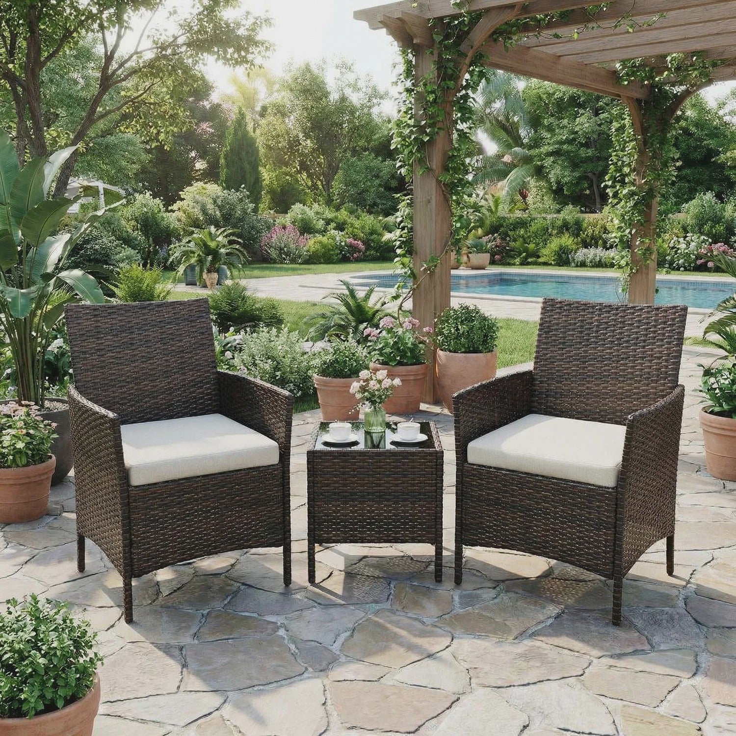 3-delige Buiten Terras Bistroset: PE Rotan Wicker Stoelen met Zachte Kussens & Glazen Salontafel - Compact Tuinmeubilair