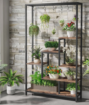 Hoge Plantenstandaard 180cm met 5 Treden en 10 Ophanghaken - Metaal & Hout