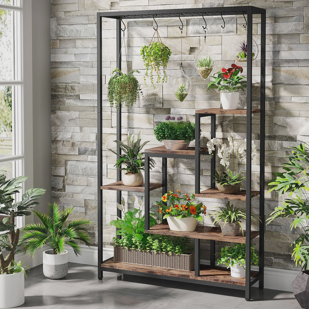 Hoge Plantenstandaard 180cm met 5 Treden en 10 Ophanghaken - Metaal & Hout