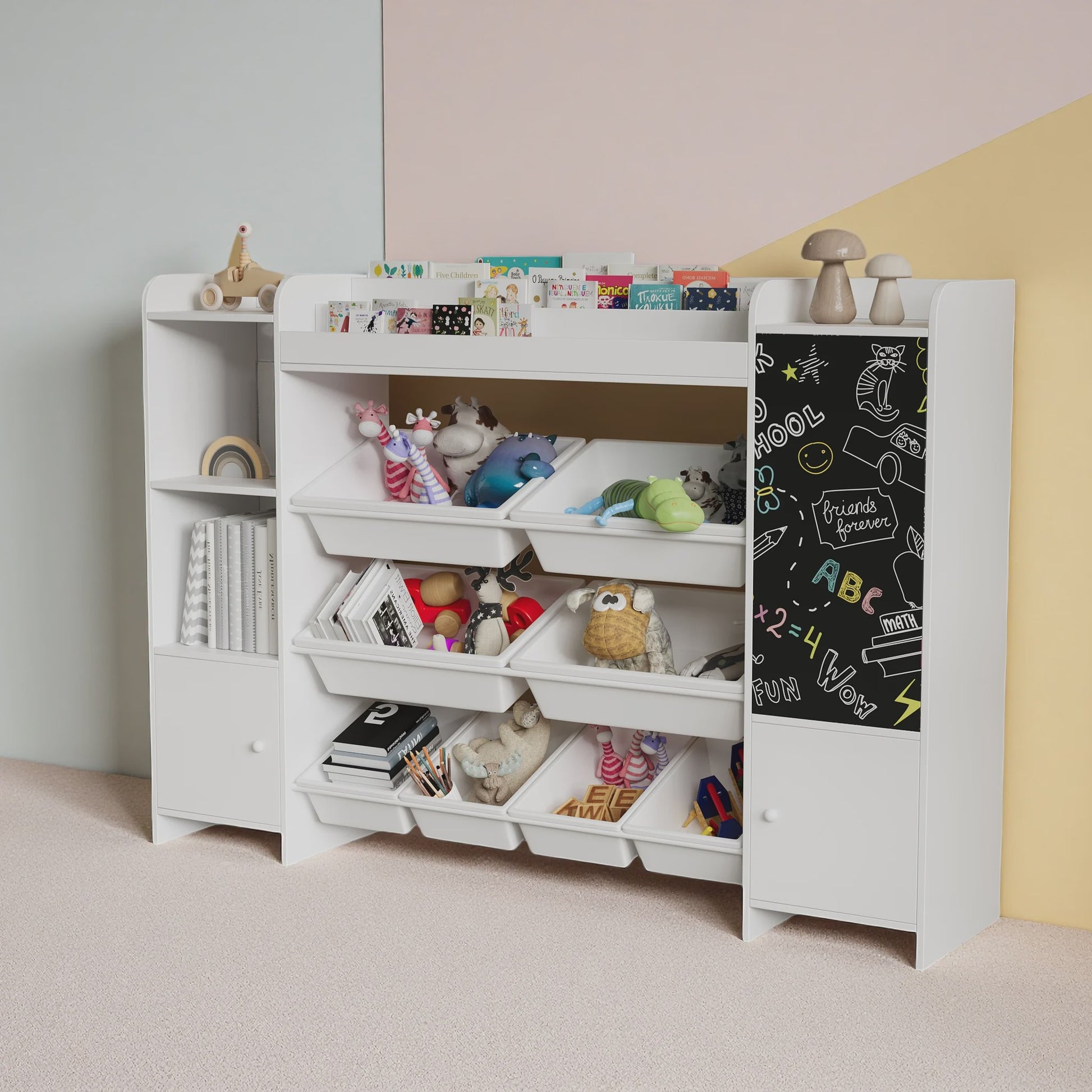 Boekenkast met 8 Opbergboxen en Krijtbord voor Kinderkamer