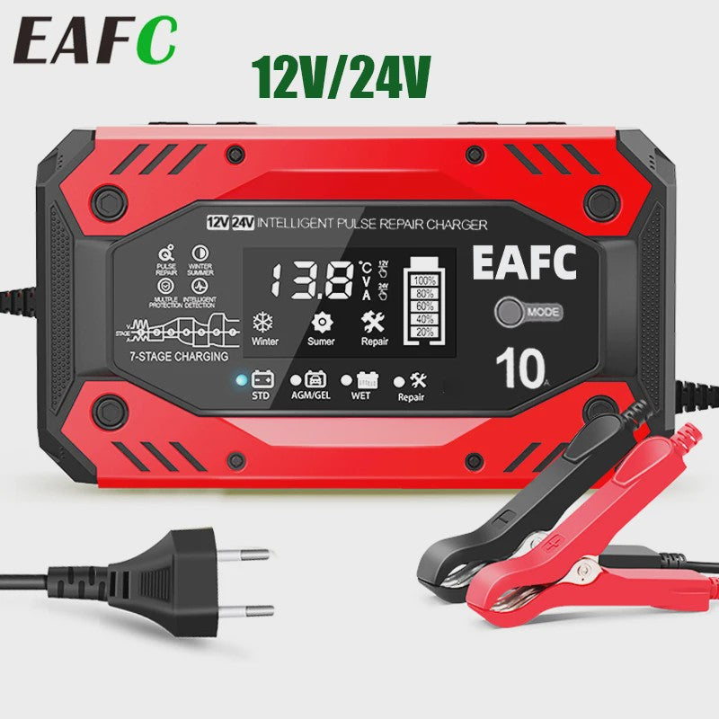 Slimme Acculader 12V/24V met Pulsreparatie & LCD Display - Voor Auto & Motor