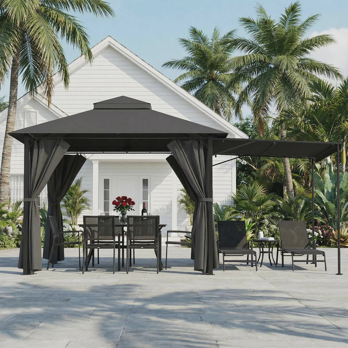 Luxe Tuinpaviljoen met Uitschuifbare Zijluifel, Dubbel Dak & Muggennet