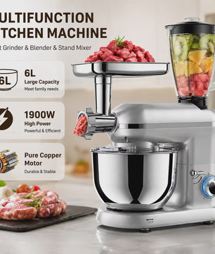 Krachtige 1900W Keukenmachine met 6L Kom: Mixer, Gehaktmolen & Blender