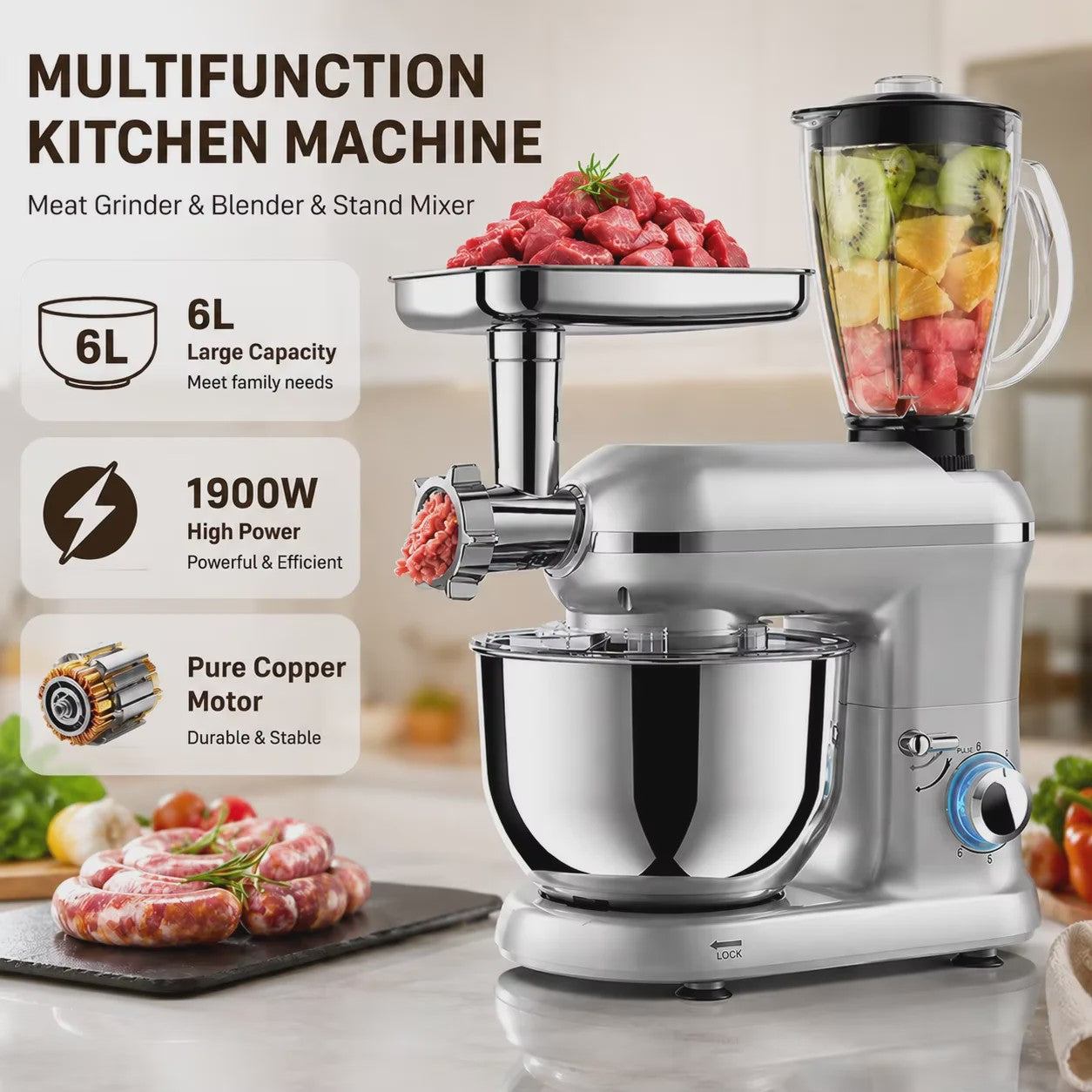 Krachtige 1900W Keukenmachine met 6L Kom: Mixer, Gehaktmolen & Blender