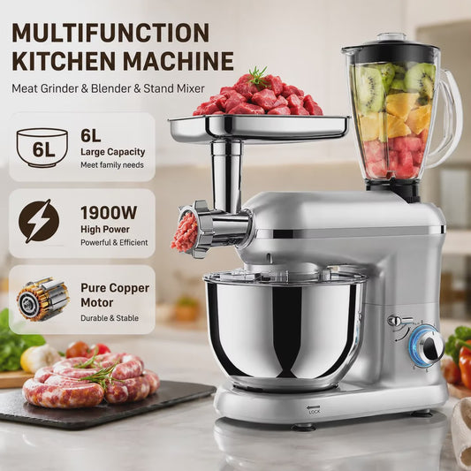 Krachtige 1900W Keukenmachine met 6L Kom: Mixer, Gehaktmolen & Blender