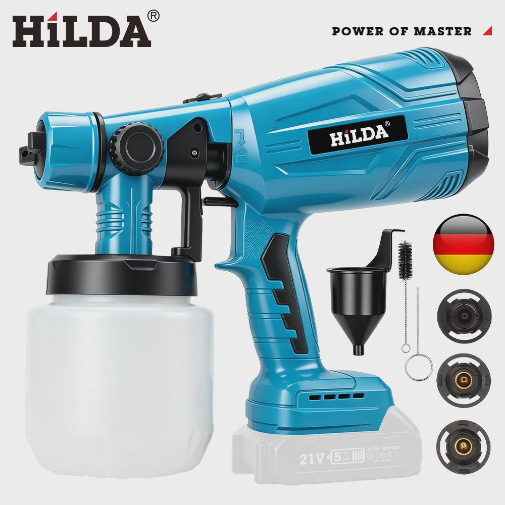 HILDA 21V Accu Verfspuit - Krachtige Draadloze HVLP Spuit voor Doe-het-zelf, Meubels, Muren & Auto (Makita Accu Compatibel)
