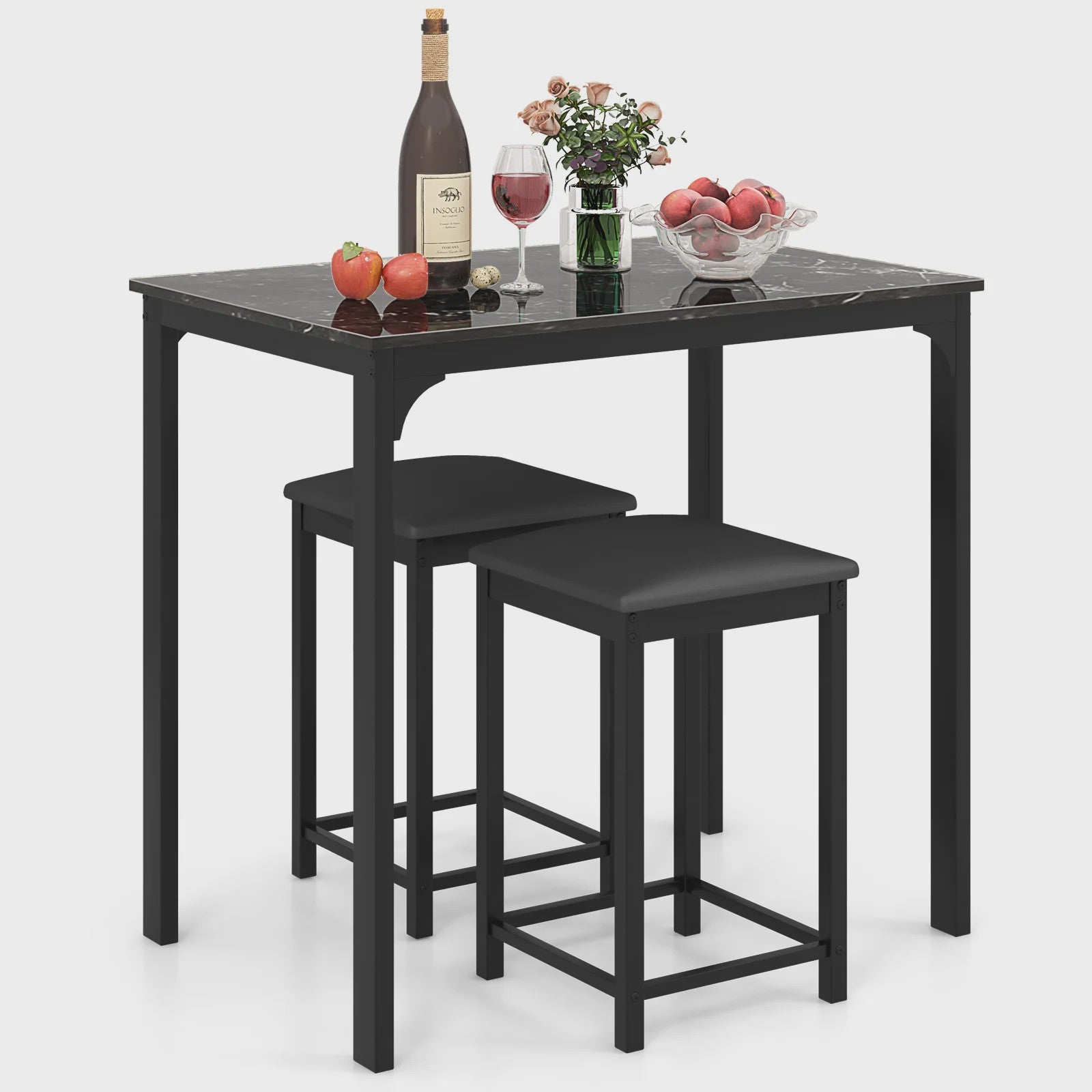 3-Delige Bartafel Set met 2 Krukken - Compact Keuken Tafelblad met Padded Stoelen