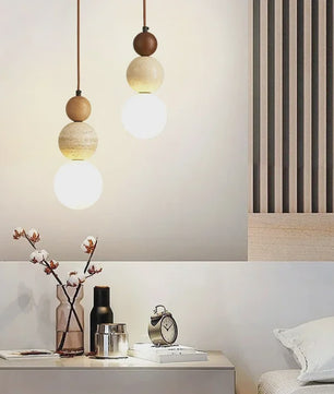 Stijlvolle Cream Wabi-Sabi Hanglamp met Hout en Natuursteen - Sfeervol Licht voor Slaapkamer of Bar
