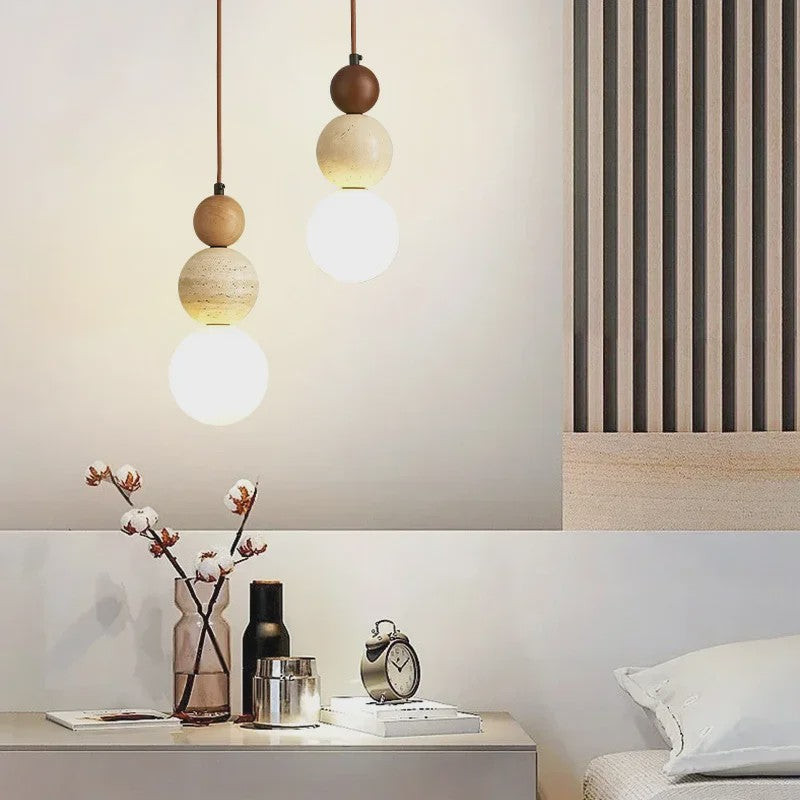 Stijlvolle Cream Wabi-Sabi Hanglamp met Hout en Natuursteen - Sfeervol Licht voor Slaapkamer of Bar