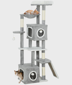 PawHut Kattenkrabpaal 165 cm Grijs - Klimtoren met Krabpalen, Hangmat, Platforms en Speeltjes