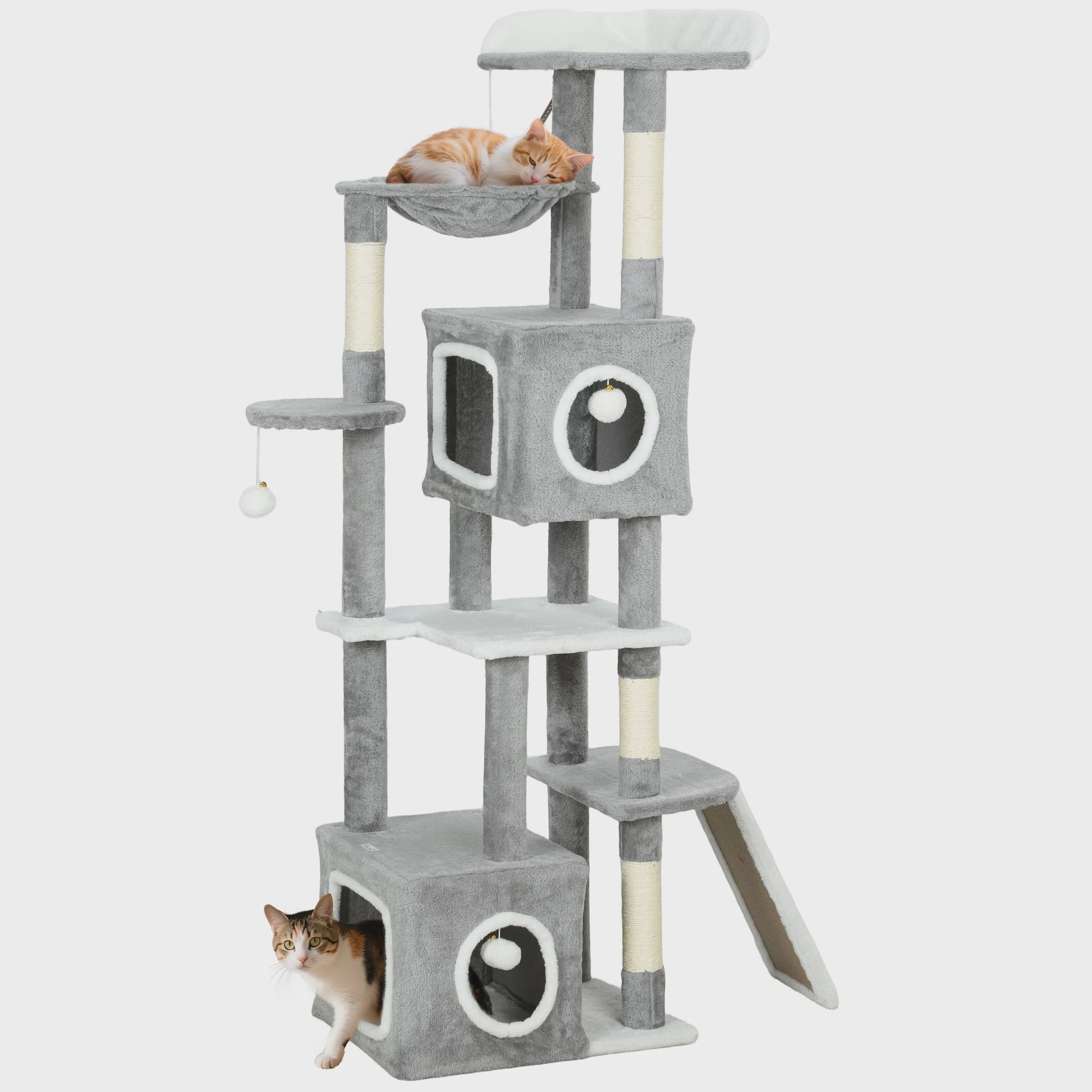 PawHut Kattenkrabpaal 165 cm Grijs - Klimtoren met Krabpalen, Hangmat, Platforms en Speeltjes