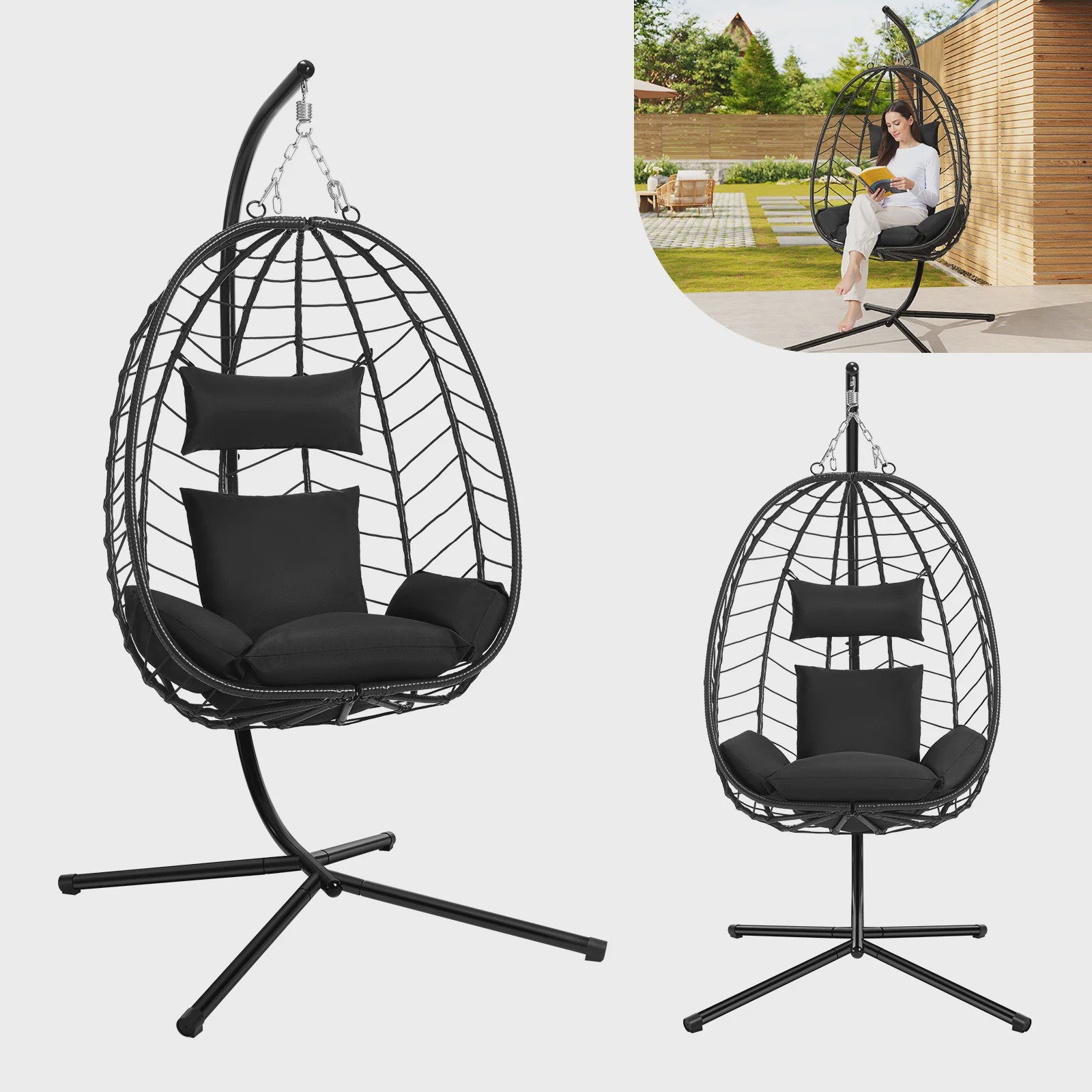 EUGAD Hangende Ei Stoel met Metalen Standaard - Comfortabele Schommelstoel voor Tuin & Balkon (150 kg)