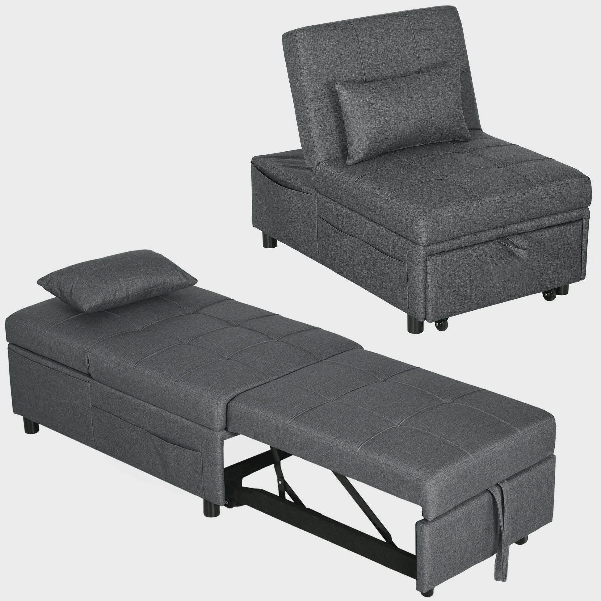 HOMCOM Fauteuil Bed 1-Persoons - Verstelbaar, Grijze Bekleding met Kussen
