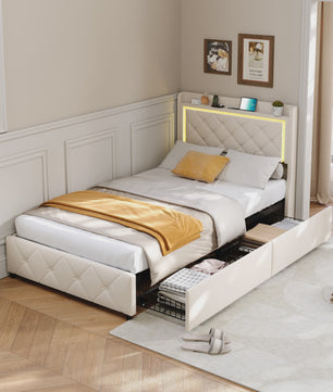 Stijlvol 1-Persoons Bed 90x200cm met LED, USB & Opbergruimte - Velvet/Linnen