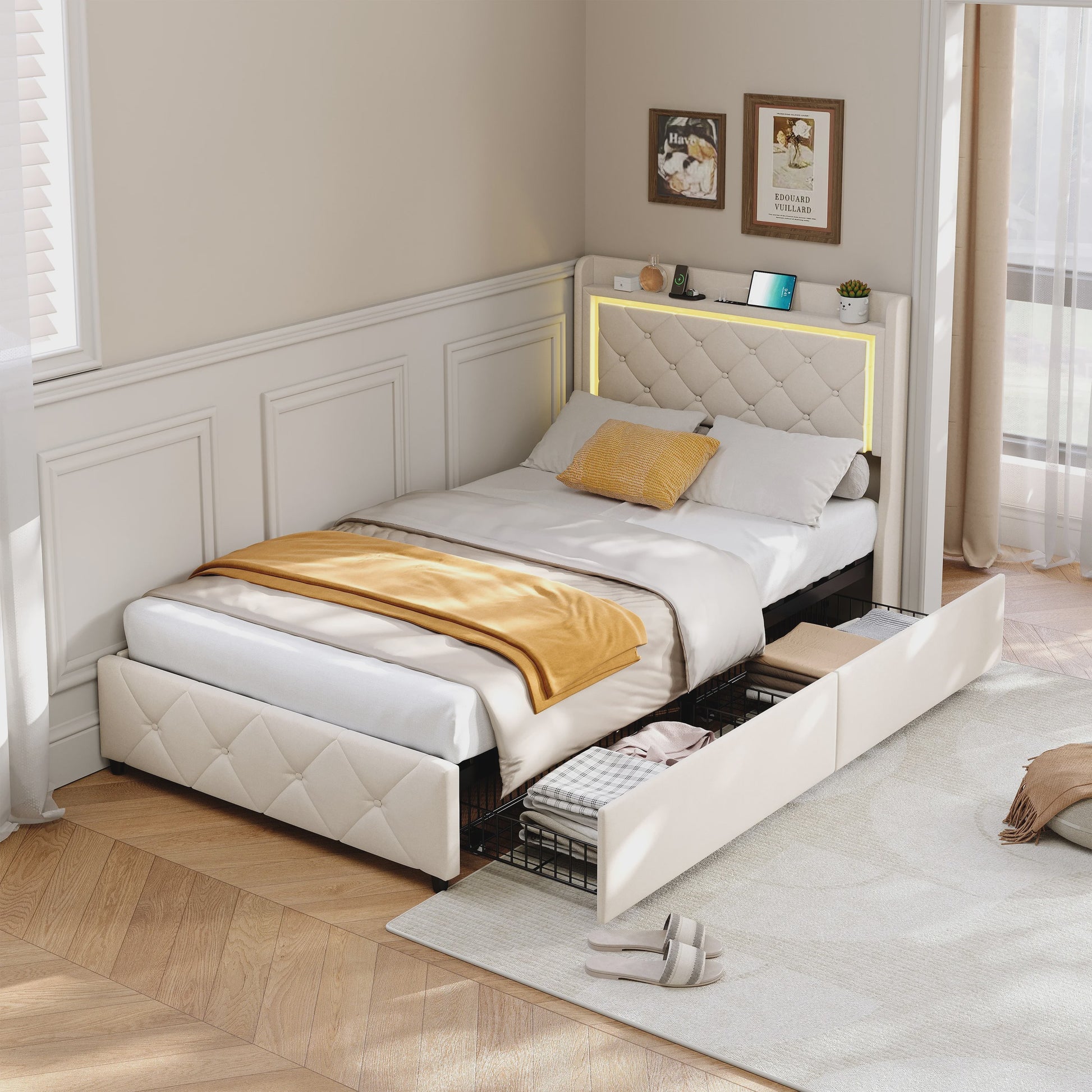 Stijlvol 1-Persoons Bed 90x200cm met LED, USB & Opbergruimte - Velvet/Linnen