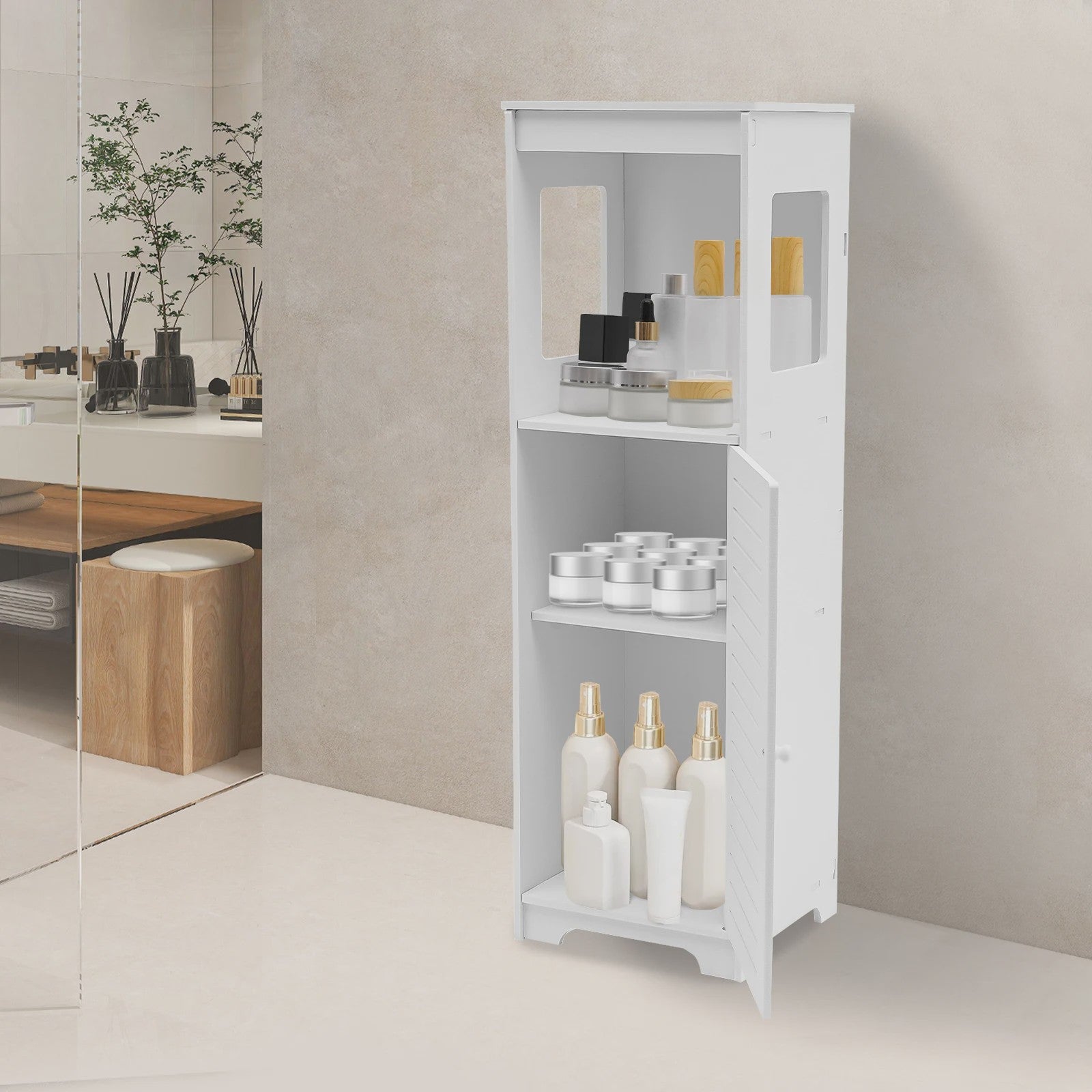 Witte Badkamer Opbergkast met Deur en Plank - PVC Toiletmeubel 28x25x90cm