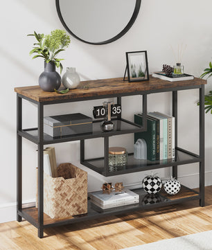 Smal Console Tafel met 4 Lagen, Glazen Plank en Metalen Frame - 100cm Breed