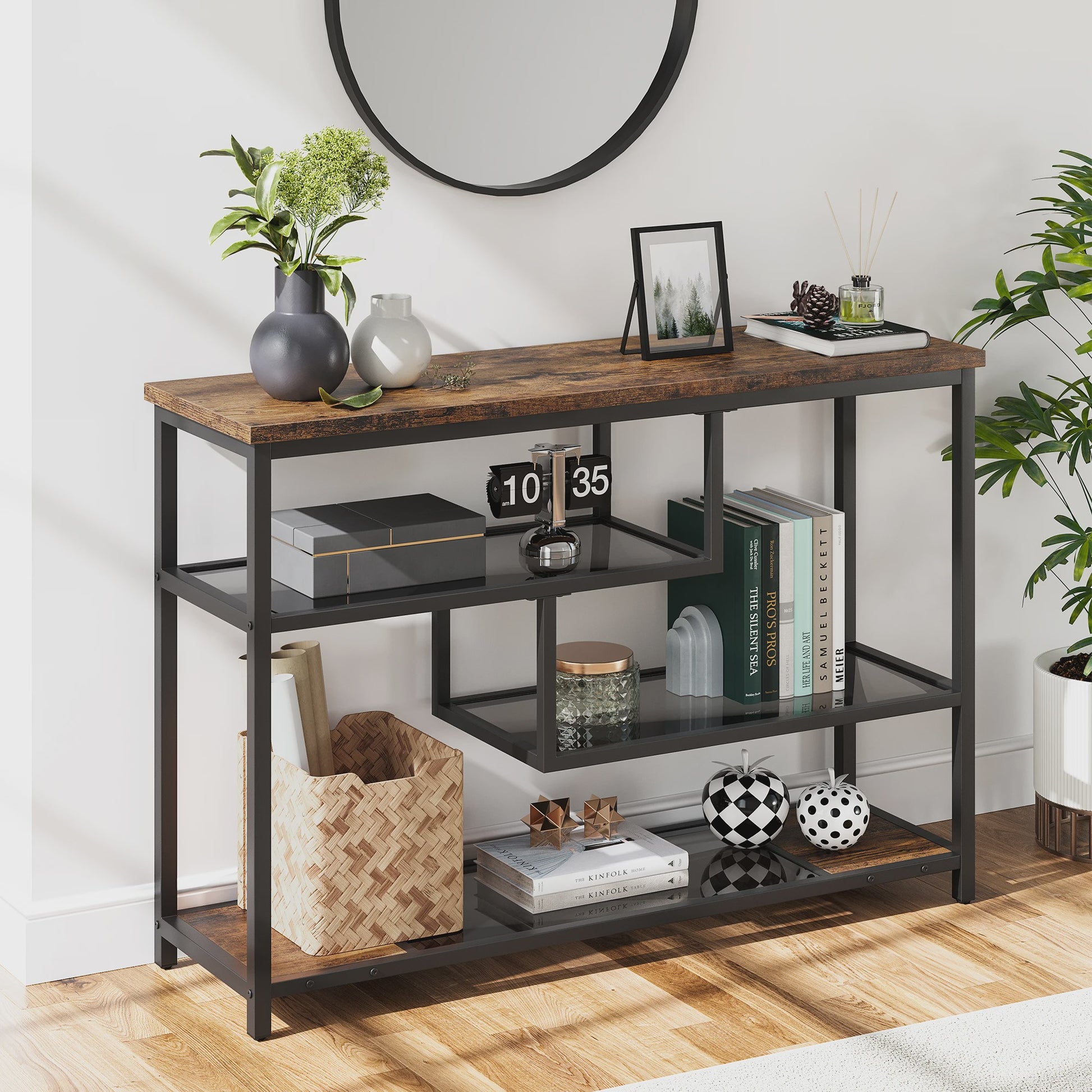 Smal Console Tafel met 4 Lagen, Glazen Plank en Metalen Frame - 100cm Breed