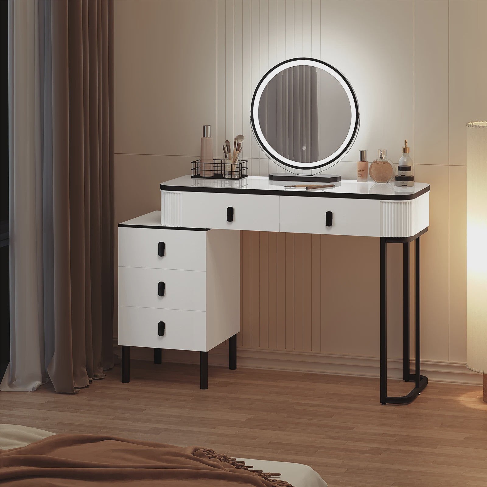 Moderne Kaptafel met LED Verlichting, Verstelbare Spiegel en Ruime Opbergruimte