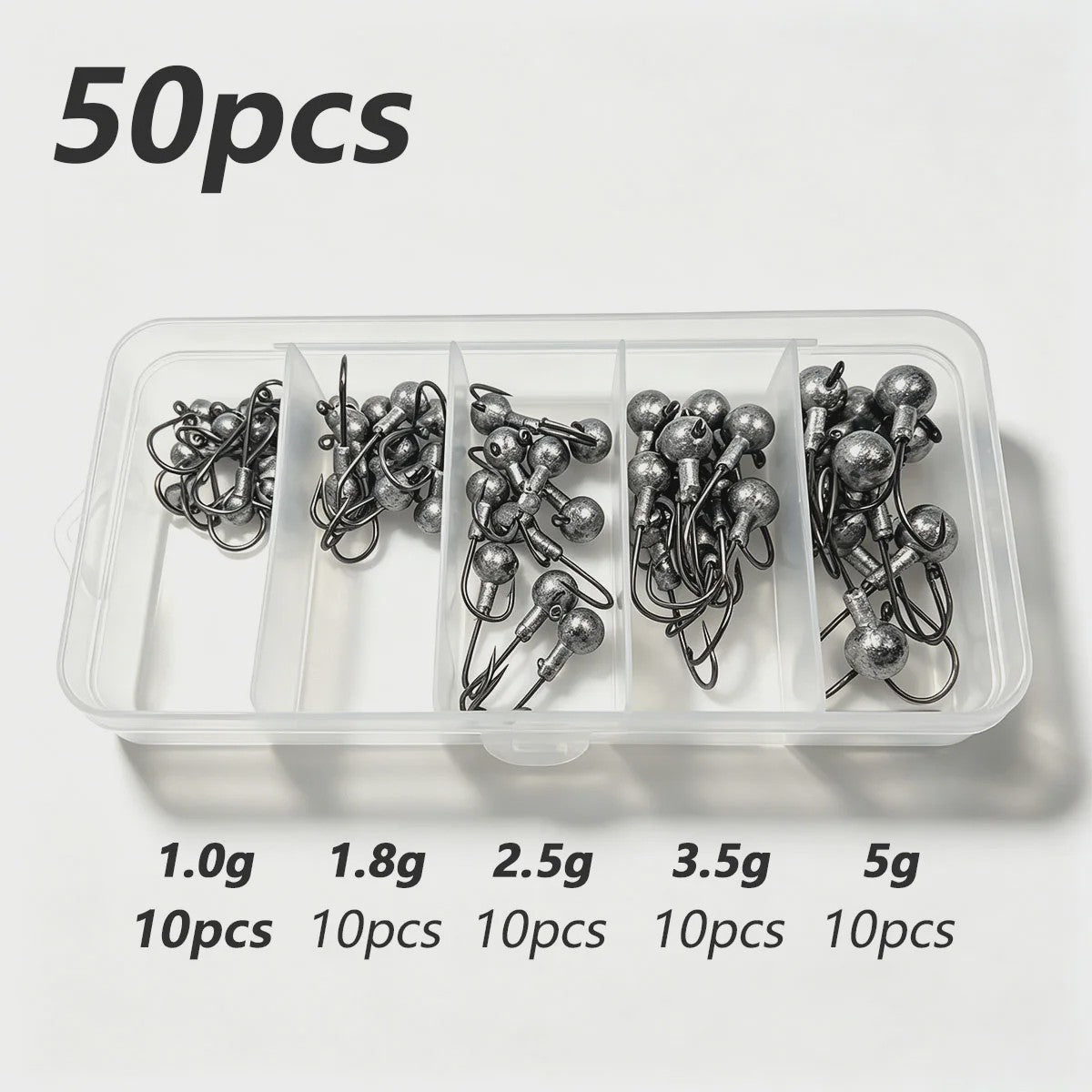 50-delige Set Jig Kop Haken voor Vissen | Diverse Gewichten (1g-5g)