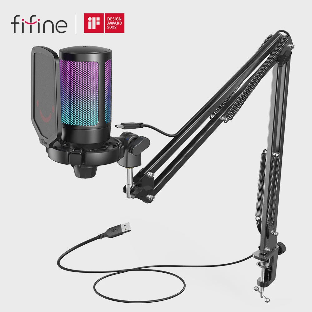FIFINE A6T Gaming USB Microfoon Set met Arm Stand, RGB & Mute Functie