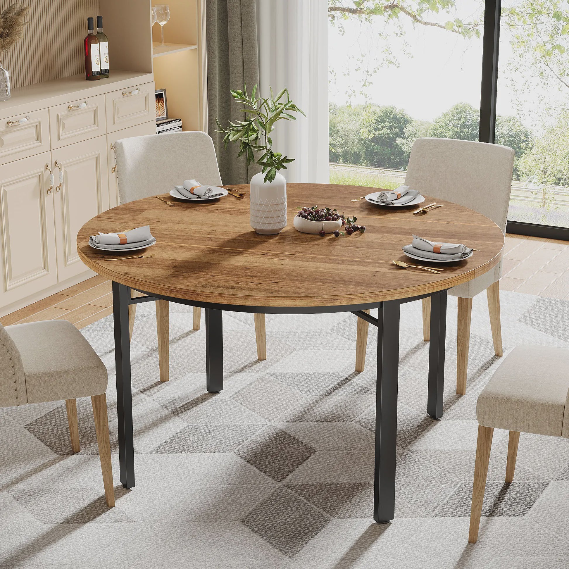 Ronde Eettafel 118cm - Rustiek Bruin & Zwart - Farmhouse Keukentafel met Metalen Poten