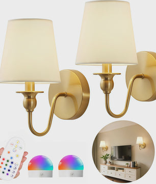 Draadloze Wandlamp Goud met Afstandsbediening & 15 Kleuren LED - Oplaadbaar, Dimbaar, Stoffen Kap