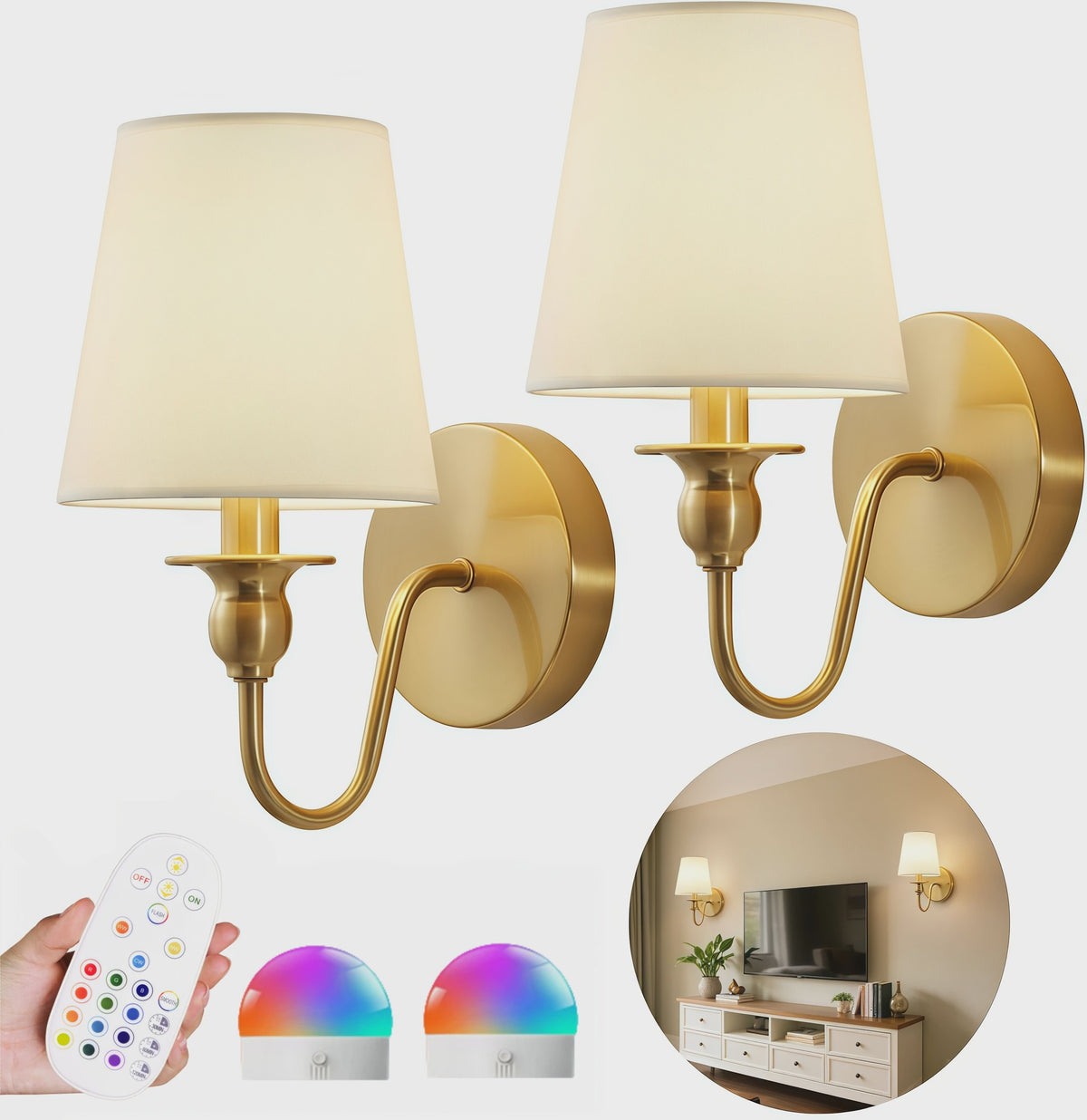 Draadloze Wandlamp Goud met Afstandsbediening & 15 Kleuren LED - Oplaadbaar, Dimbaar, Stoffen Kap