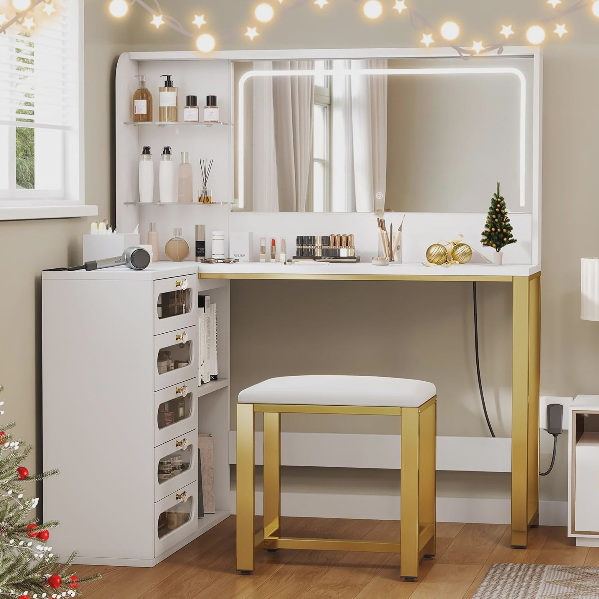 Witte Kaptafel met Spiegel, L-vormig Design, 5 Lades en Kruk