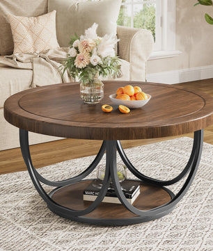 Ronde Salontafel met 2 Niveaus - 80 cm Houten Cocktailtafel met Metalen Frame