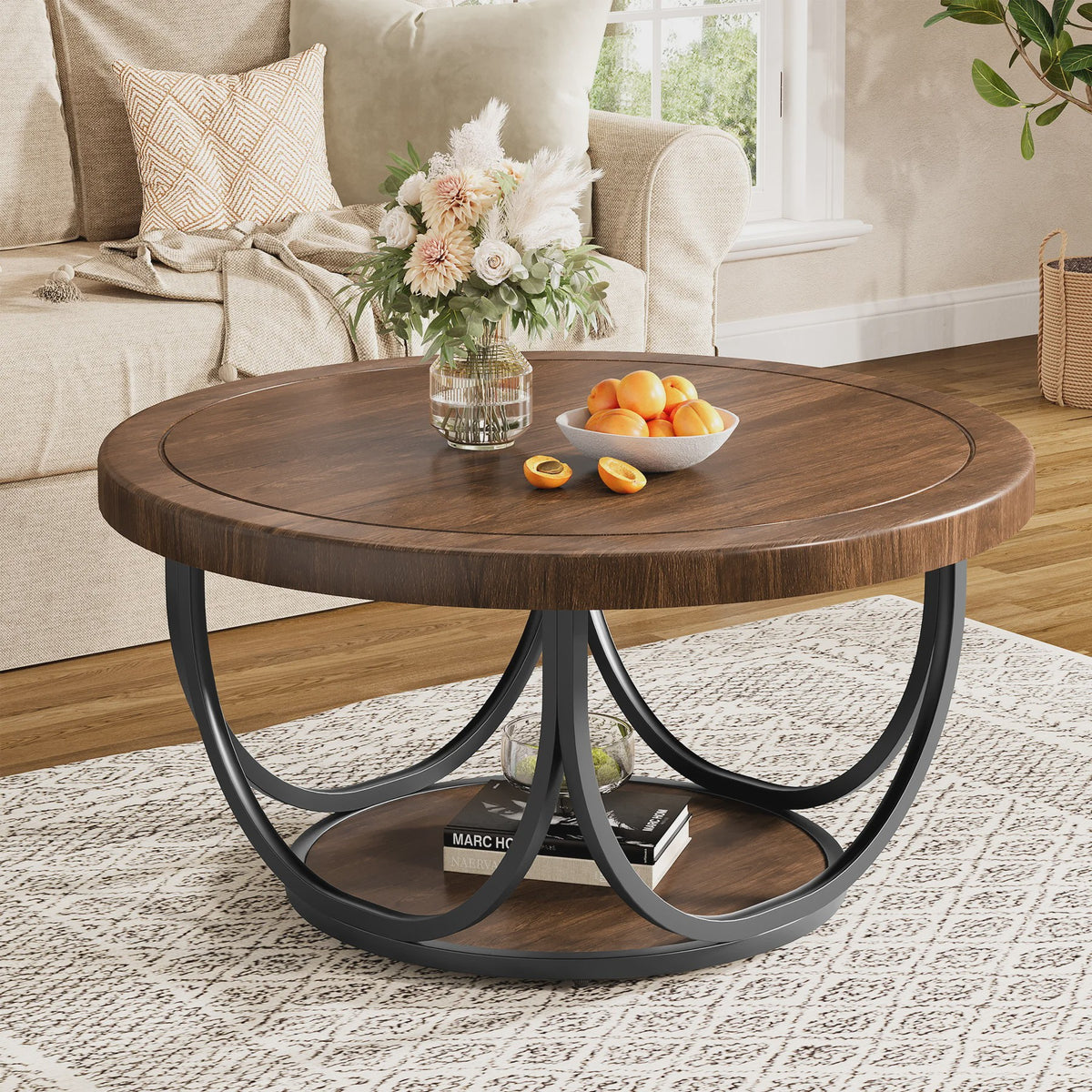 Ronde Salontafel met 2 Niveaus - 80 cm Houten Cocktailtafel met Metalen Frame