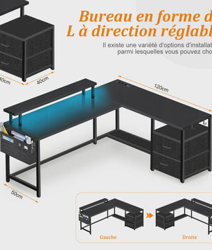 L-vormig Bureau met LED Verlichting, 2 Stopcontacten, USB/Type-C Poorten & Ladeblok - Ideaal voor Gaming & Werk