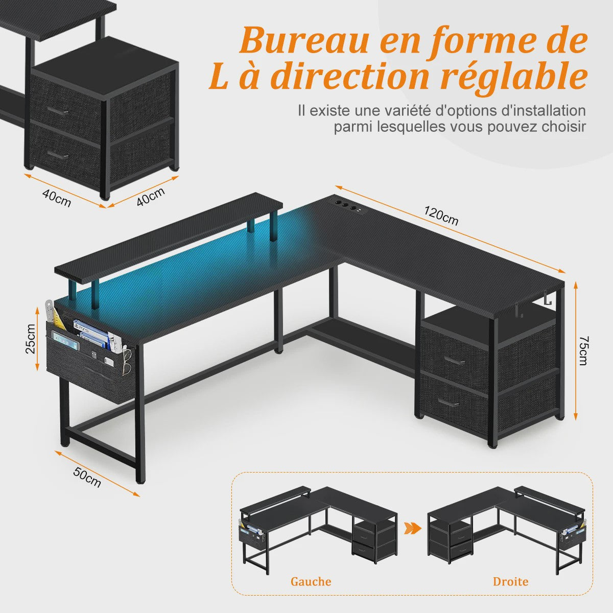 L-vormig Bureau met LED Verlichting, 2 Stopcontacten, USB/Type-C Poorten & Ladeblok - Ideaal voor Gaming & Werk