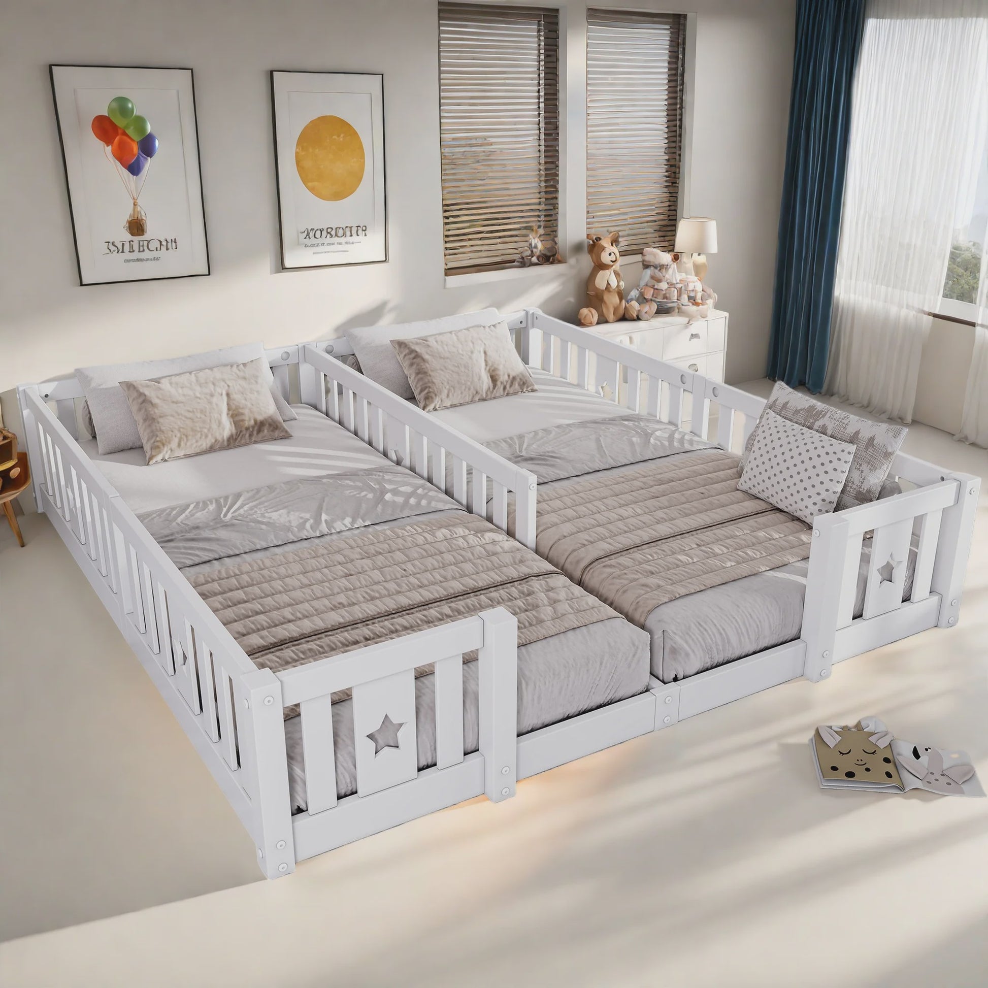 Houten Kinder Vloerbed 90x200cm met Zijhek - Veilig en Sfeervol Slapen voor 2 Kinderen