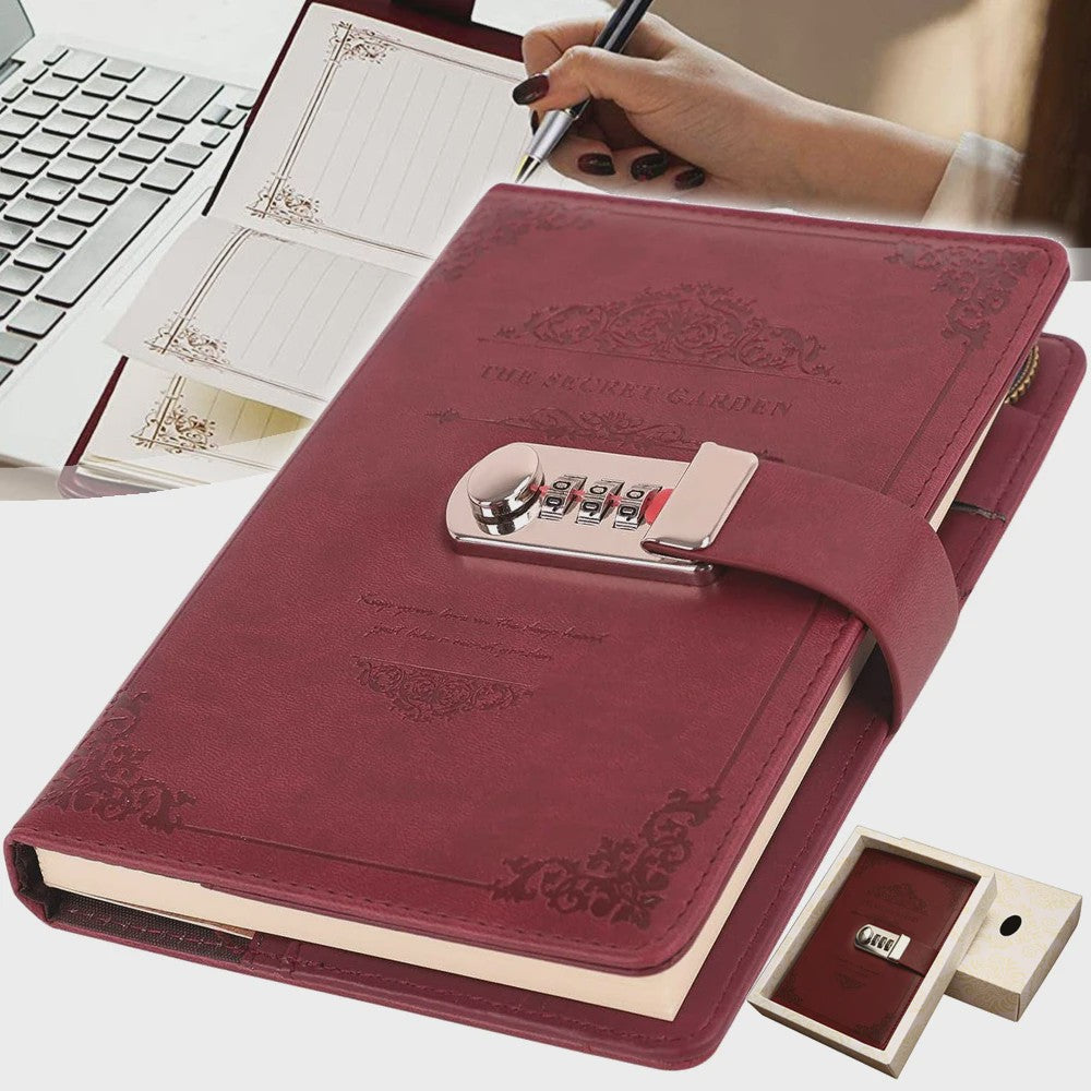A5 PU Leder Dagboek met Cijferslot - Rood Vintage Notitieboek voor Geheimen & Cadeaus