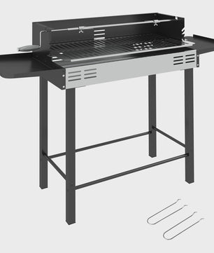 Outsunny Kolen BBQ met 3-traps Grillrooster, Inklapbare Zijtafels en Rotisserie - 118x32x90 cm Zwart