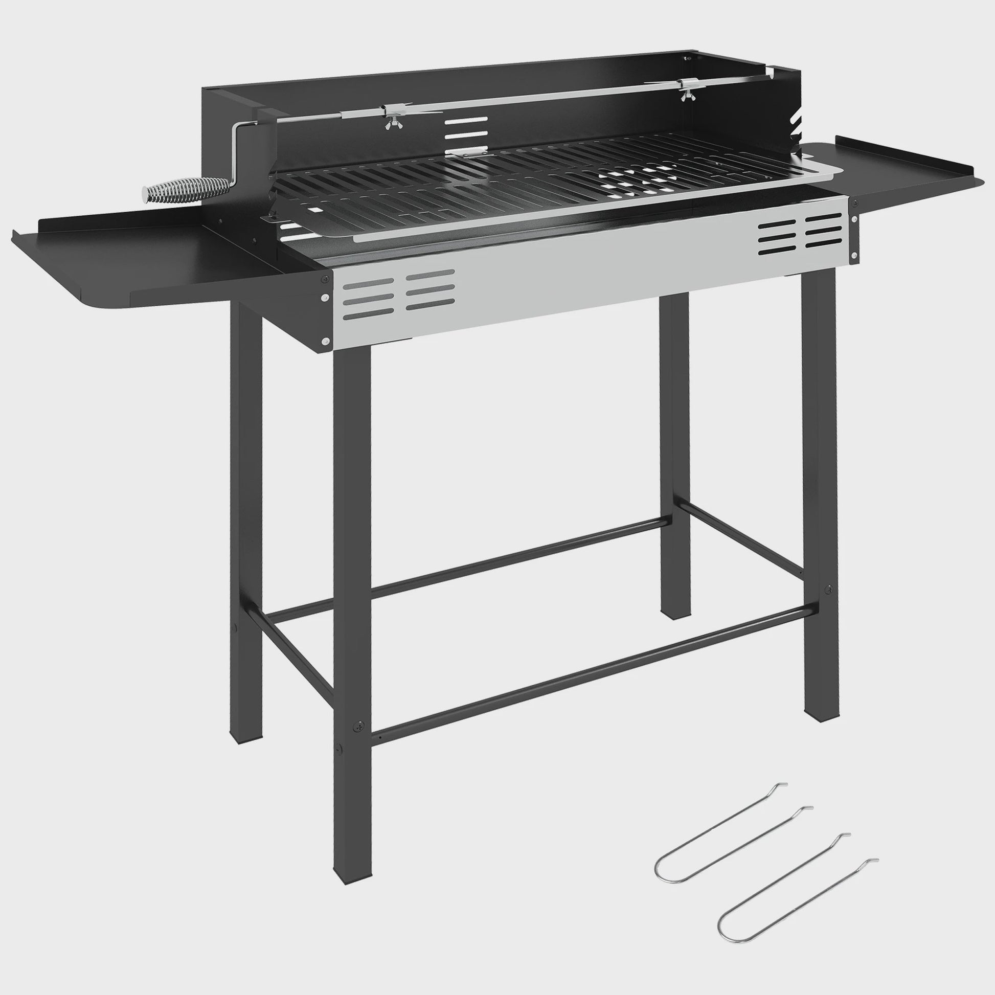 Outsunny Kolen BBQ met 3-traps Grillrooster, Inklapbare Zijtafels en Rotisserie - 118x32x90 cm Zwart