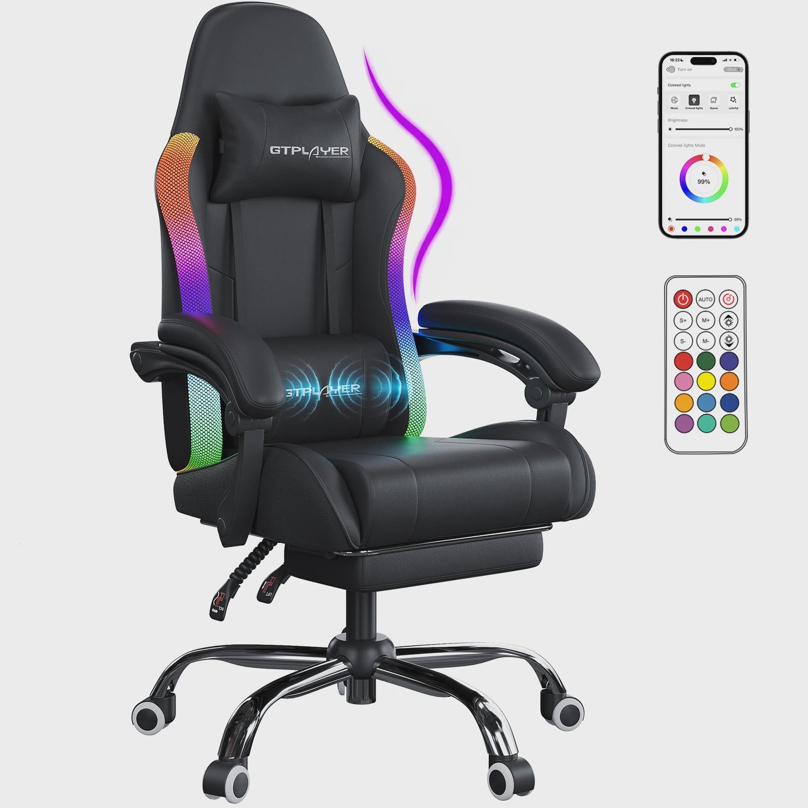 GTPLAYER Ergonomische Gaming & Kantoorstoel met LED Verlichting, Massagefunctie en Opbergvak