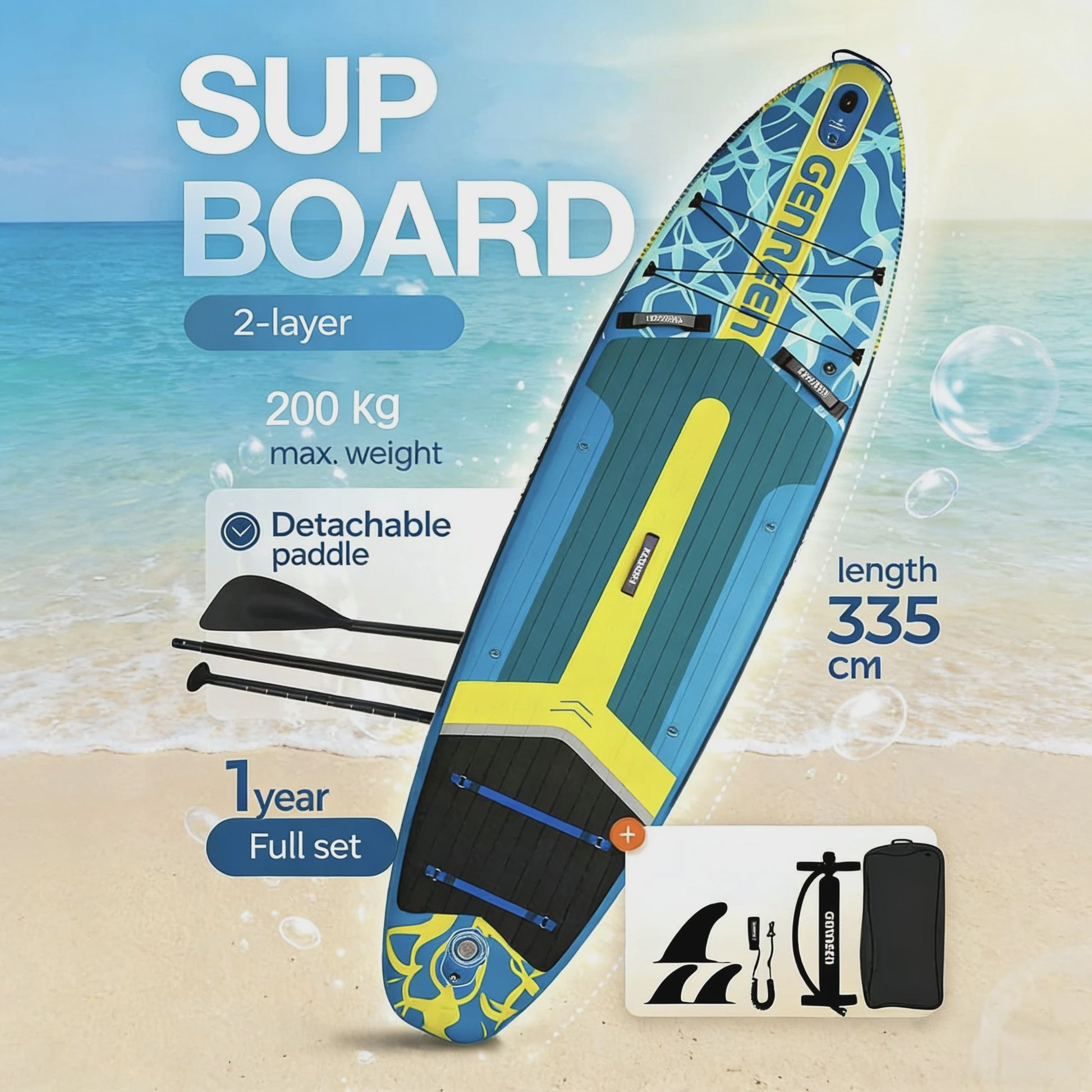 GENREEN Ultra-Licht Opblaasbaar SUP Board 335cm - 200kg Capaciteit - Complete Set