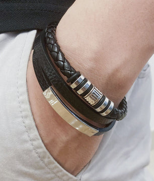 Trendy Heren Leren Armband - RVS & Gevlochten Touw, 21cm