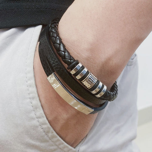 Trendy Heren Leren Armband - RVS & Gevlochten Touw, 21cm