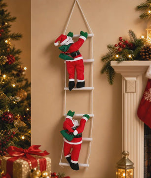100cm Kerstman aan Ladder - Hangend Kerstdecoratie Ornament met Cadeauzak