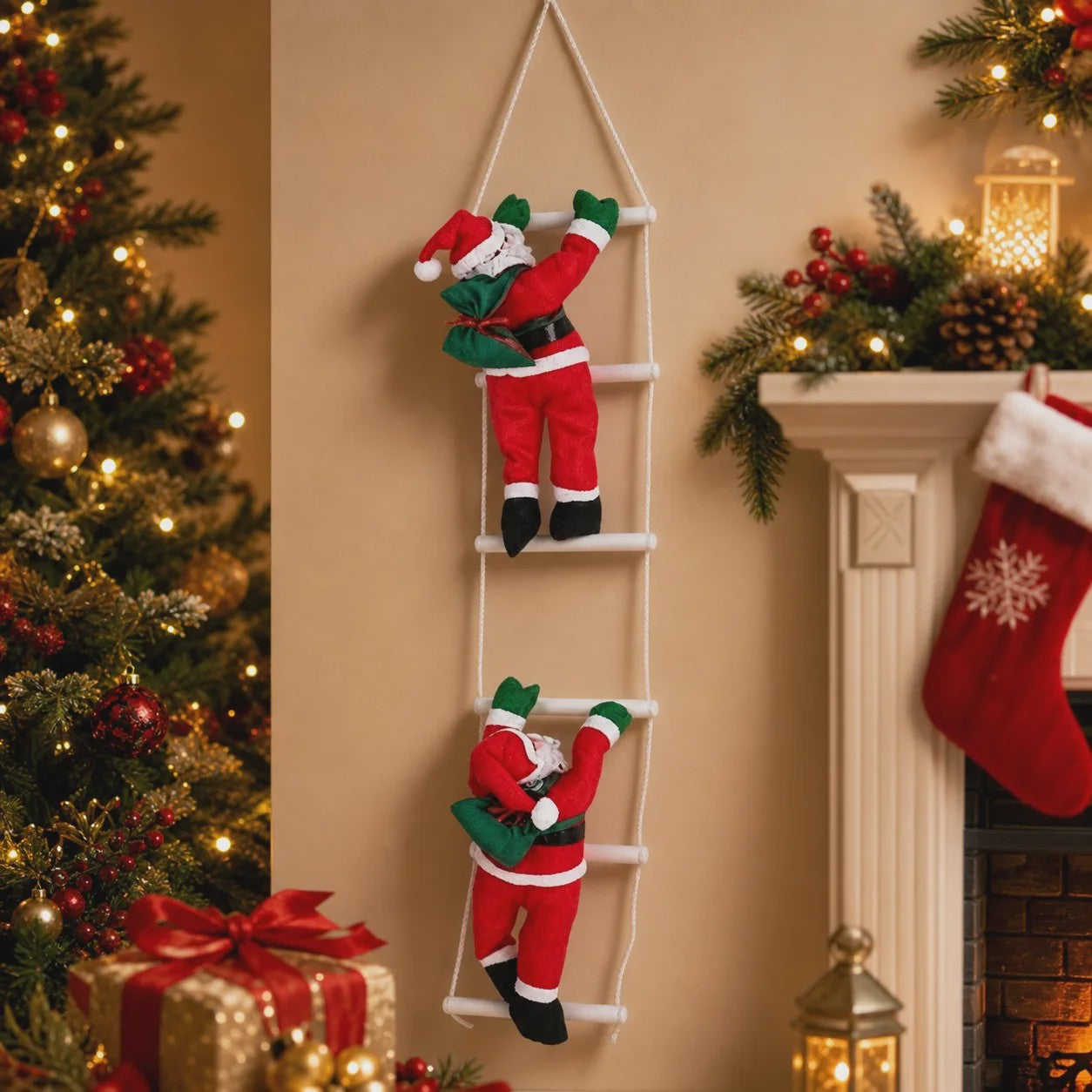 100cm Kerstman aan Ladder - Hangend Kerstdecoratie Ornament met Cadeauzak