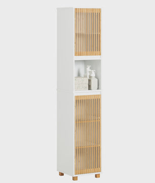 Smalle Hoge Badkamerkast met Planken - Wit & Houtkleur - 33x165x33 cm